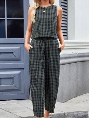Sleeveless Olive Gingham Jumpsuit